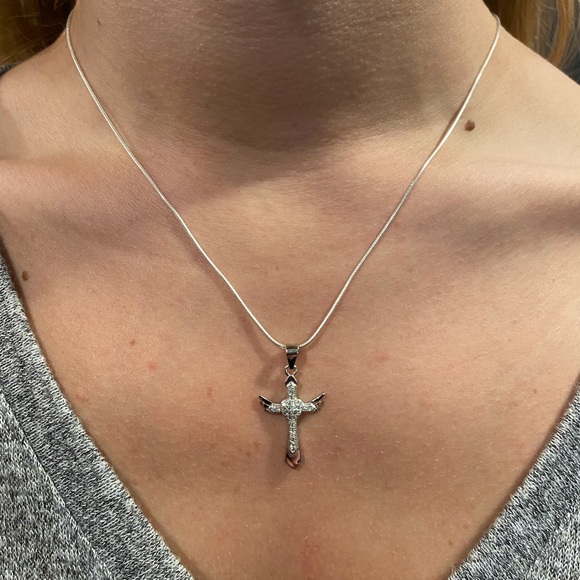 Sterling Silver Cz Cross with Angel Wings Necklace - Picture 13 of 16